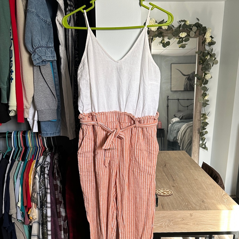 Shinestar White & Peach Striped Paperbag Waist Jumpsuit with Tie